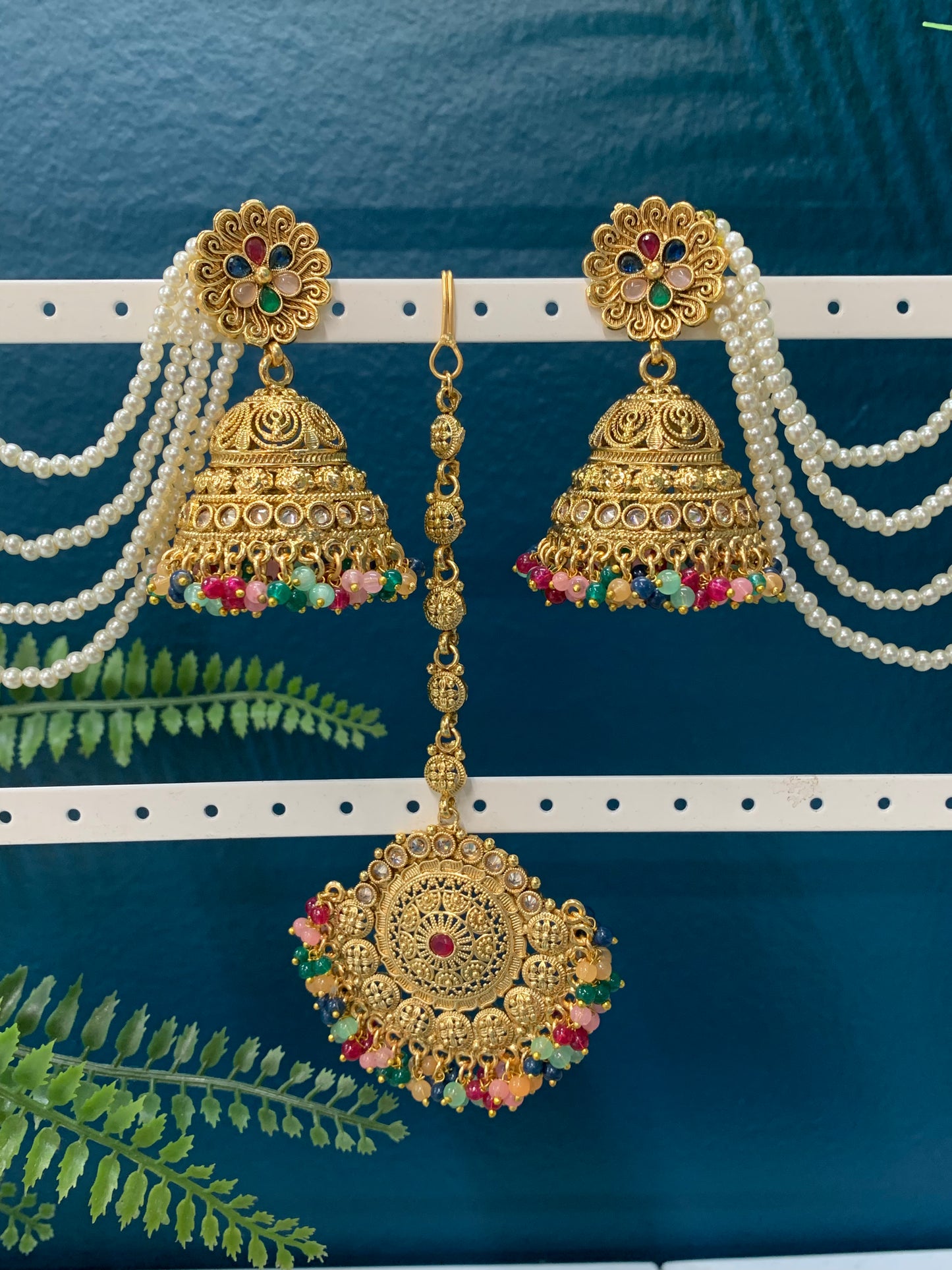 Bahubali style gold multi jhumki tikka with 5 layers of pearl Sahare Harini