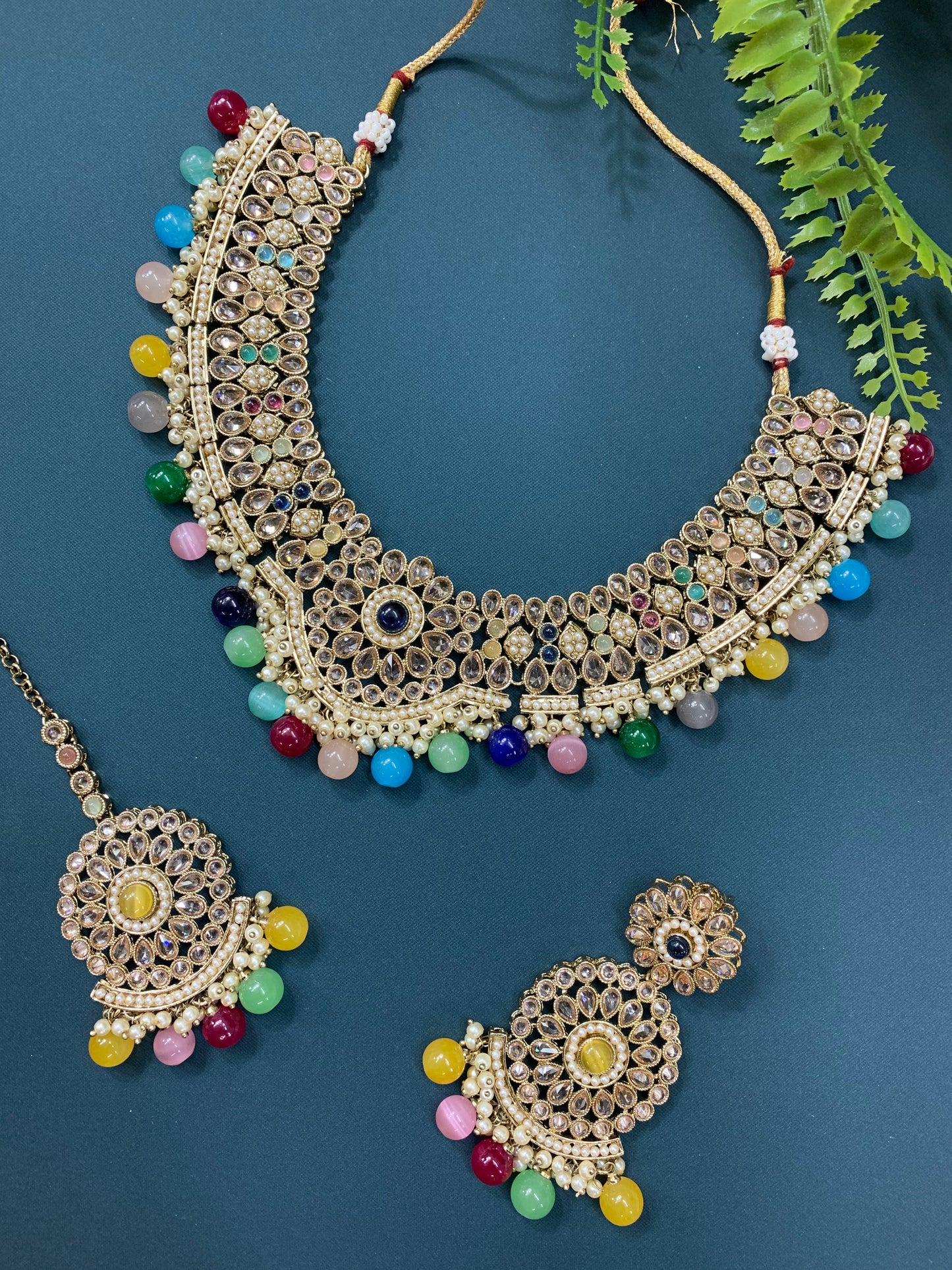 Boruna polki necklace with chandbali in multi
