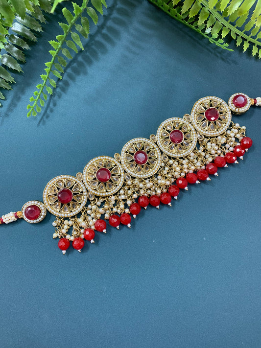 Ayesha polki choker in antique and red