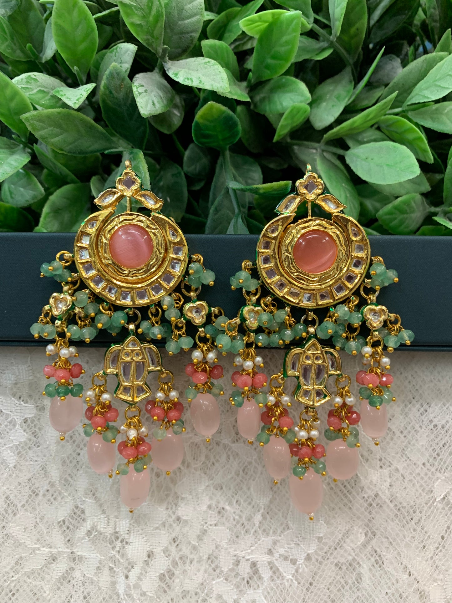 Nissar Kundan chandbali earring peach