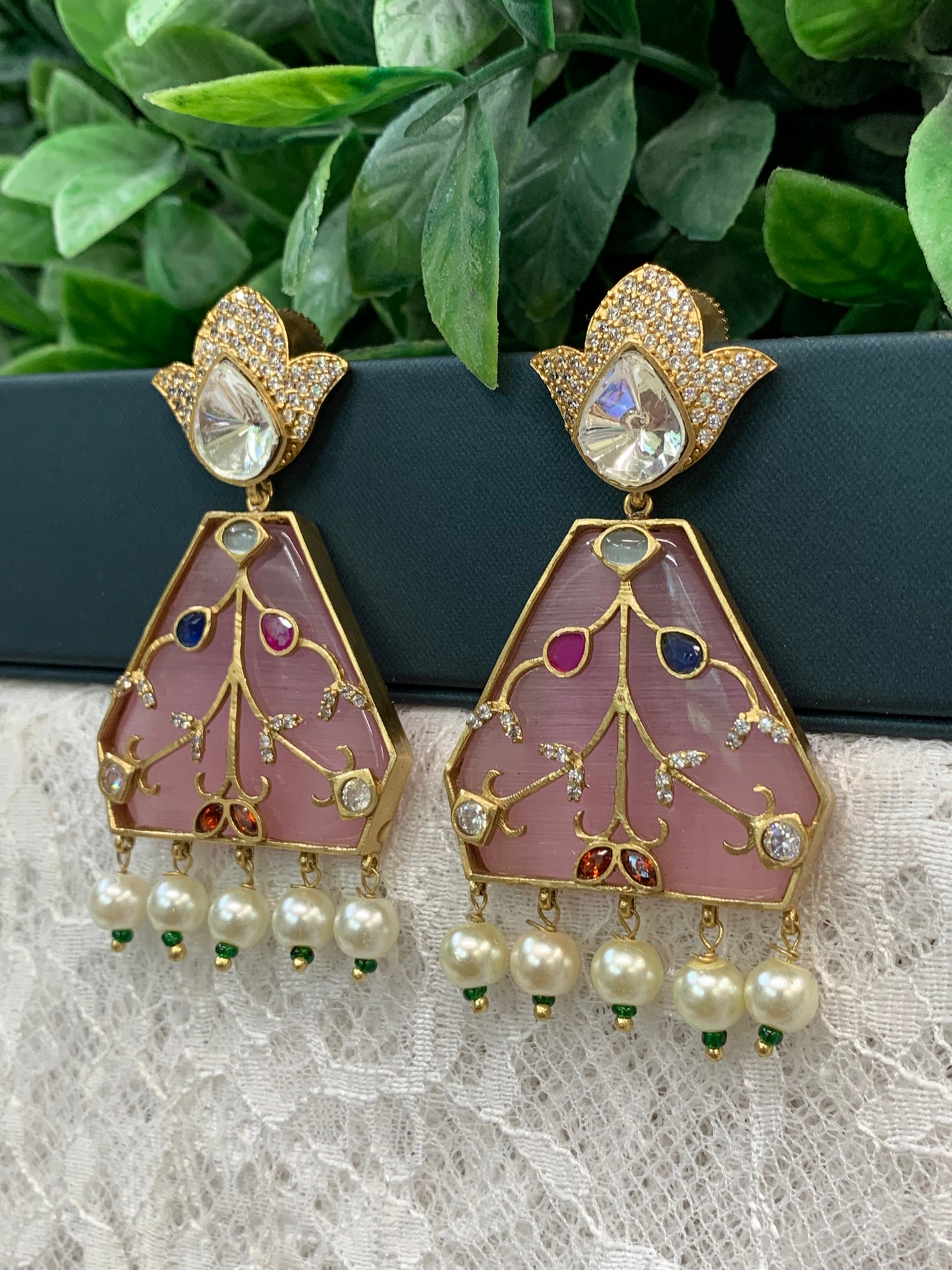 Kundan chandbali earring Pink