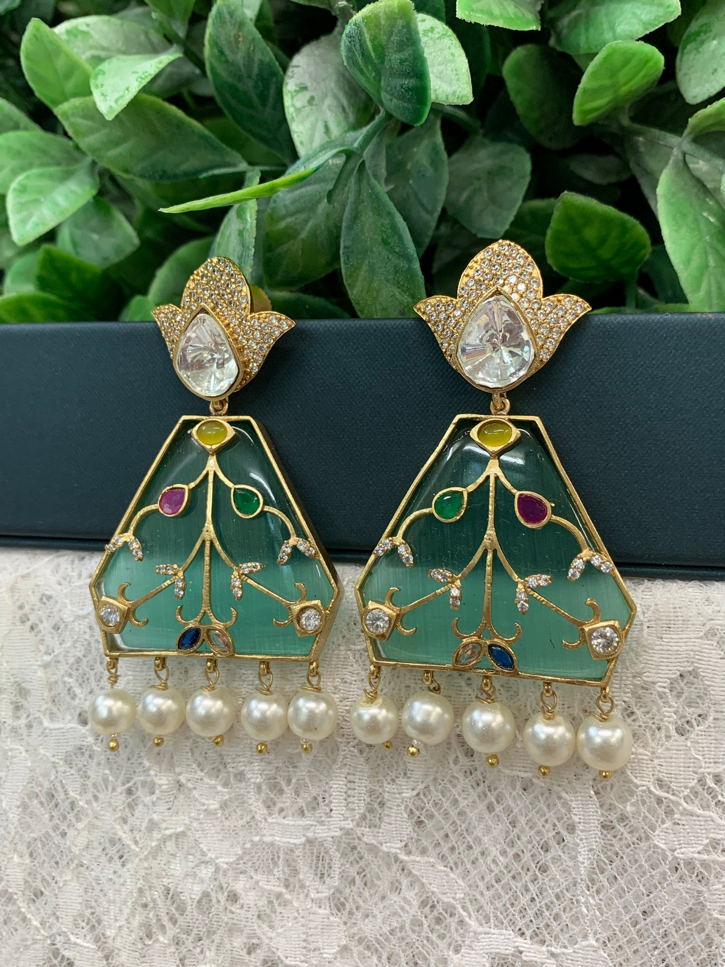 Kundan chandbali earring aqua blue