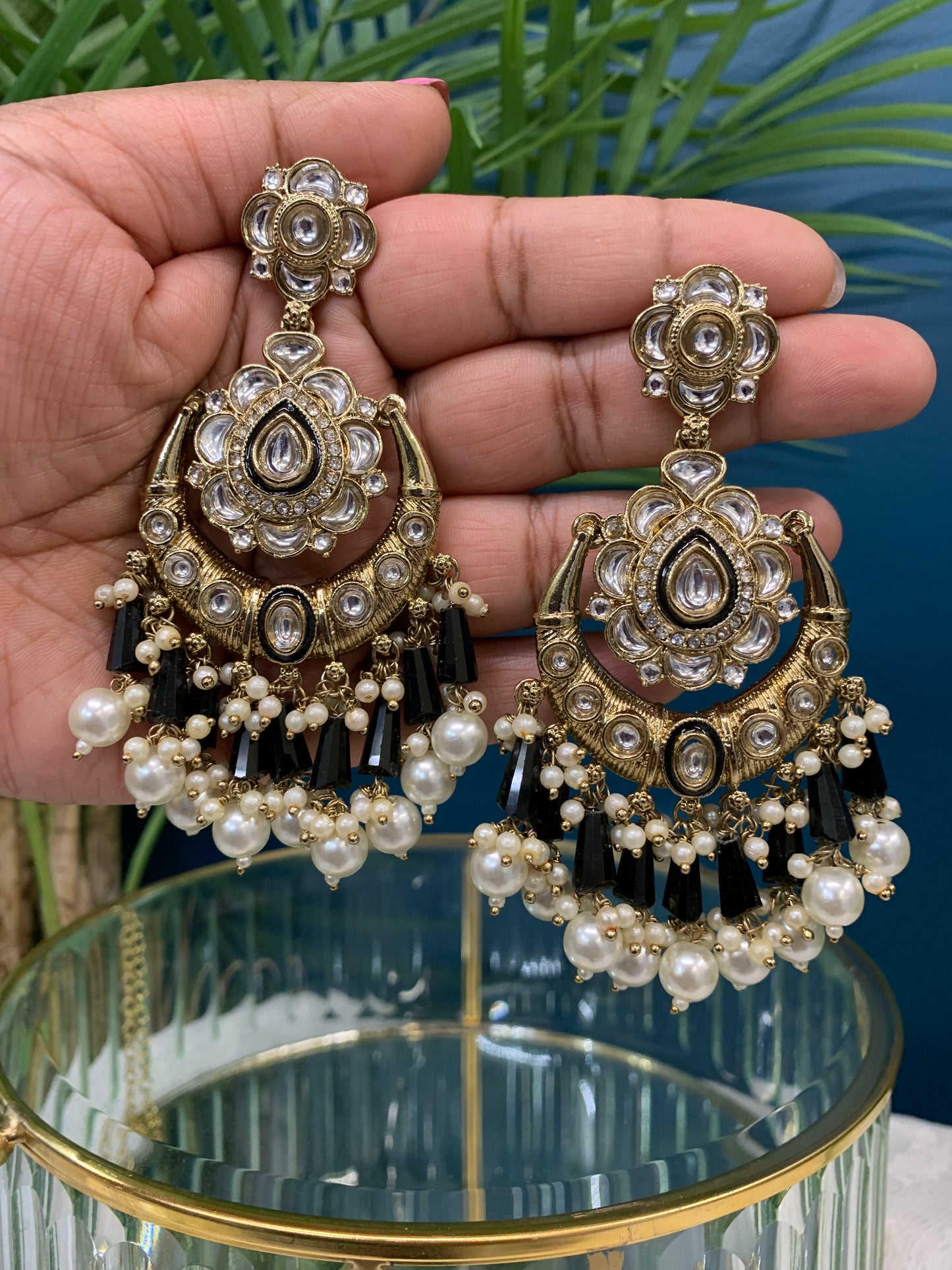 Jason Kundan chandbali earring black