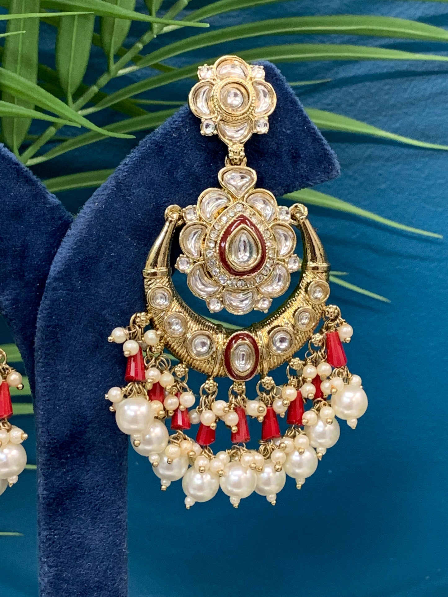 Jason Kundan chandbali earring burgundy red