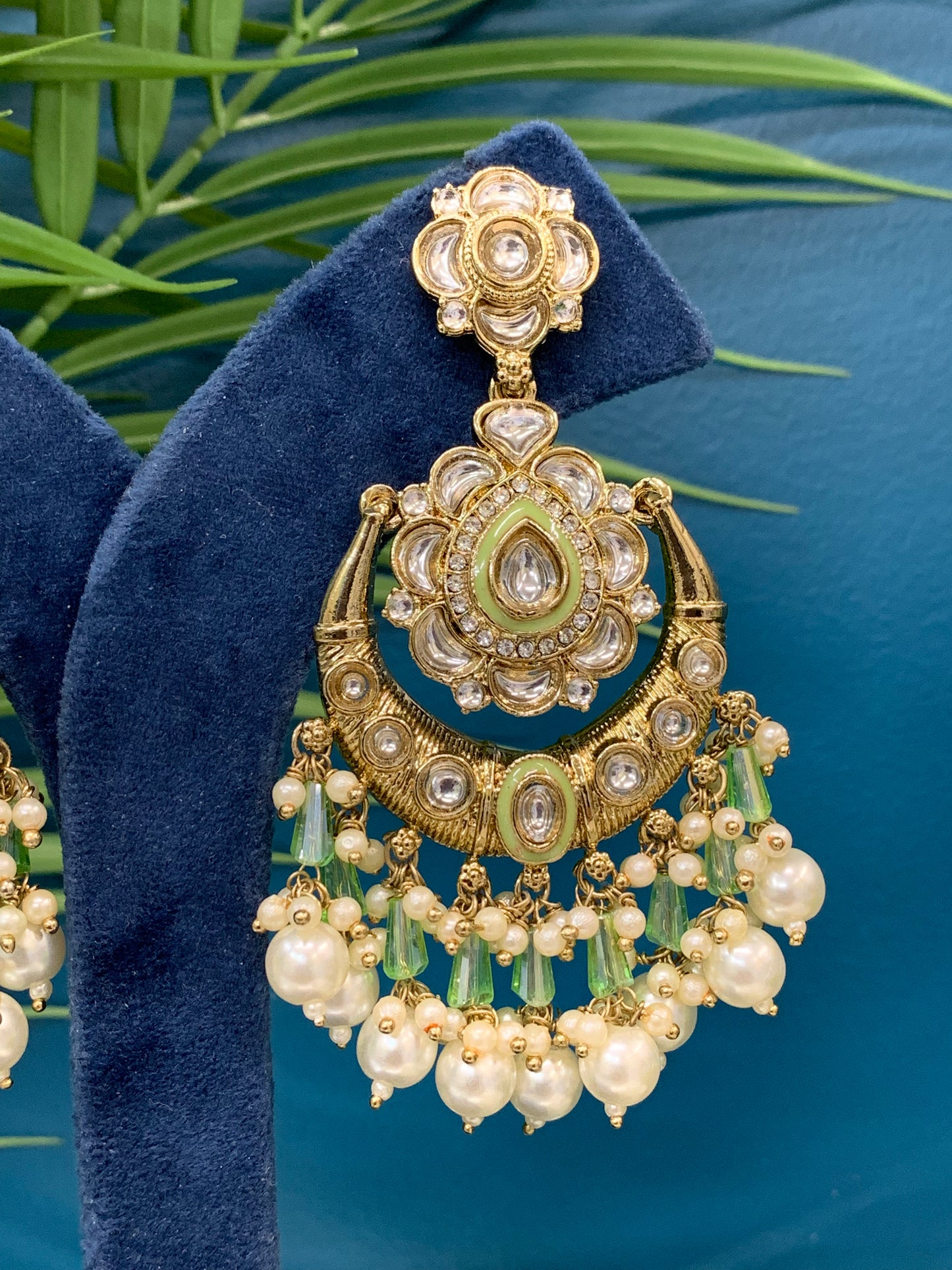 Jason Kundan chandbali earring pistachio green