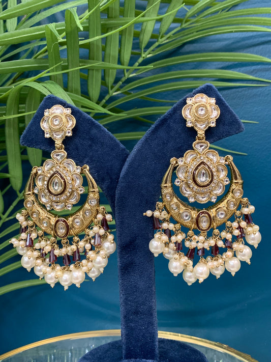 Jason Kundan chandbali earring maroon red