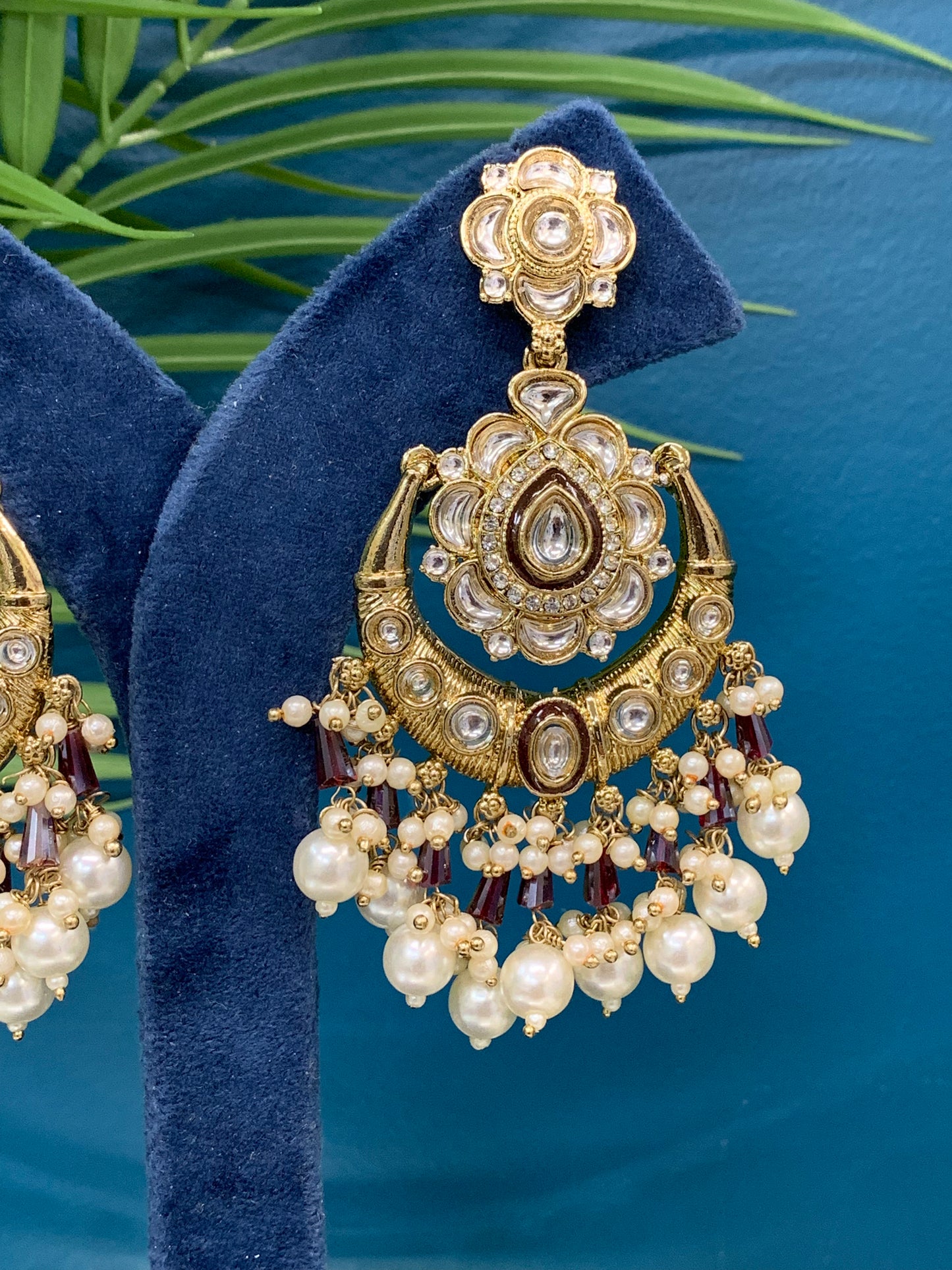 Jason Kundan chandbali earring maroon red