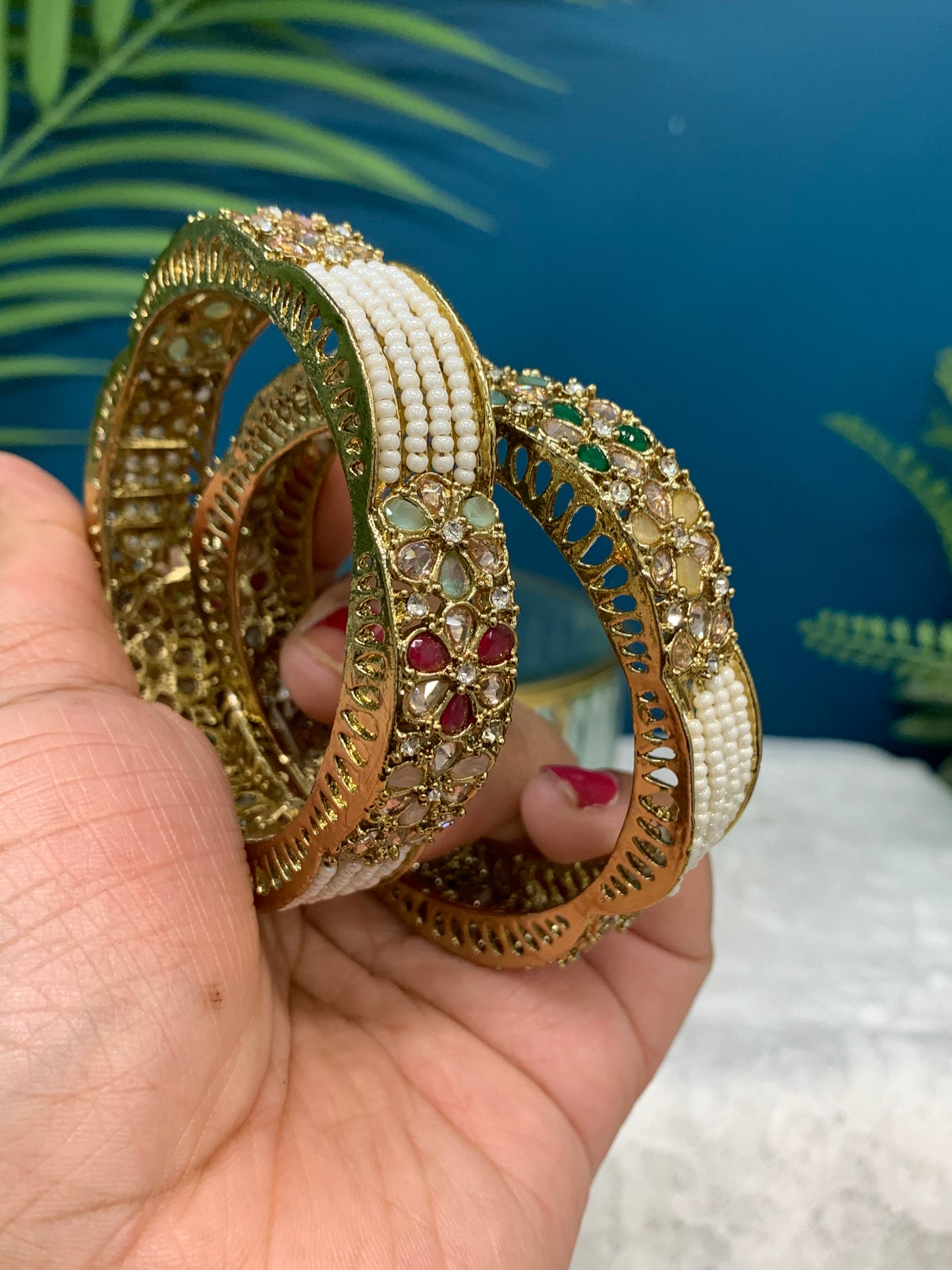 Lazzo polki bangle (pair) pearl antique multi