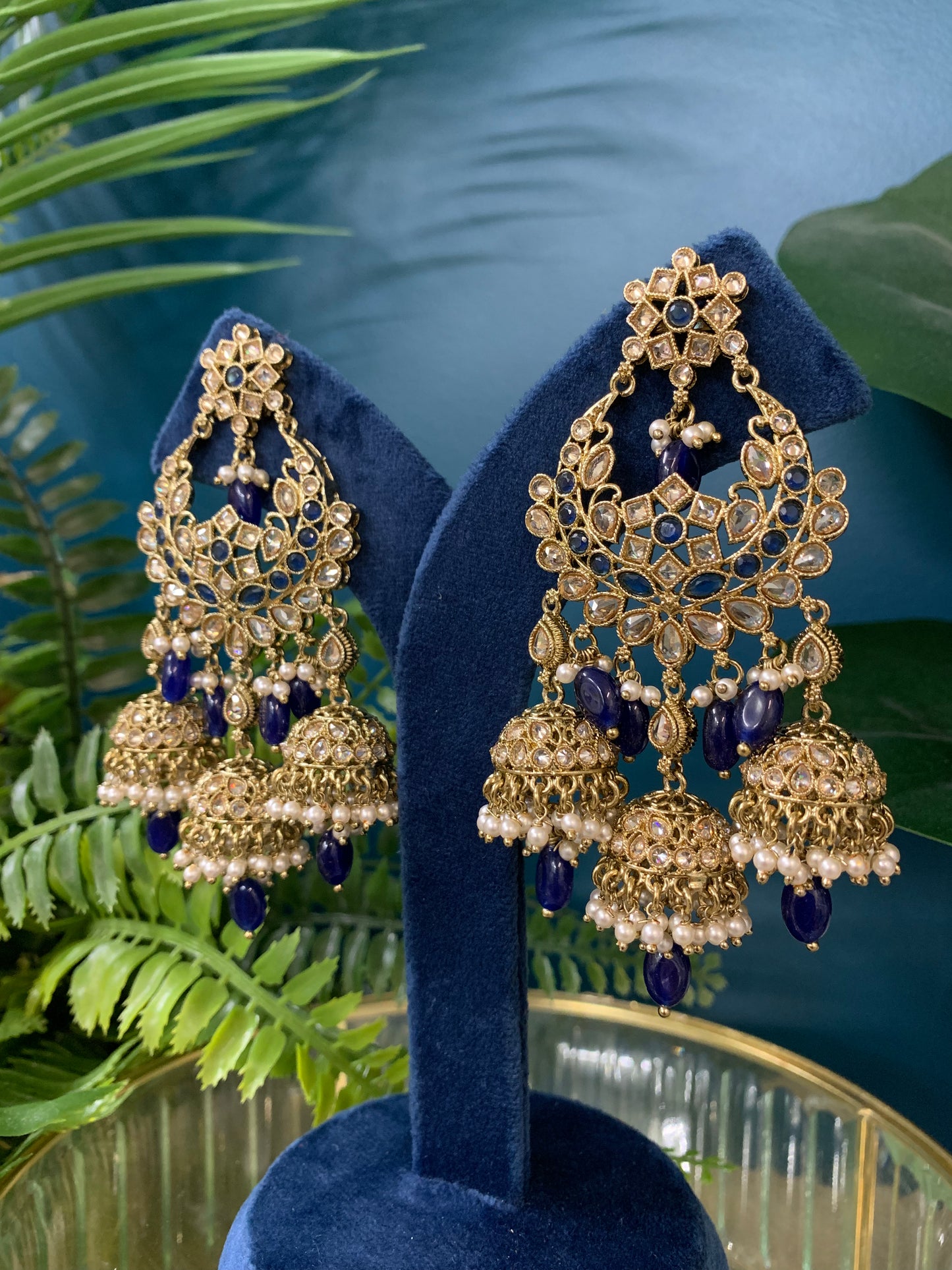 Naina polki triple jhumki earring in navy blue