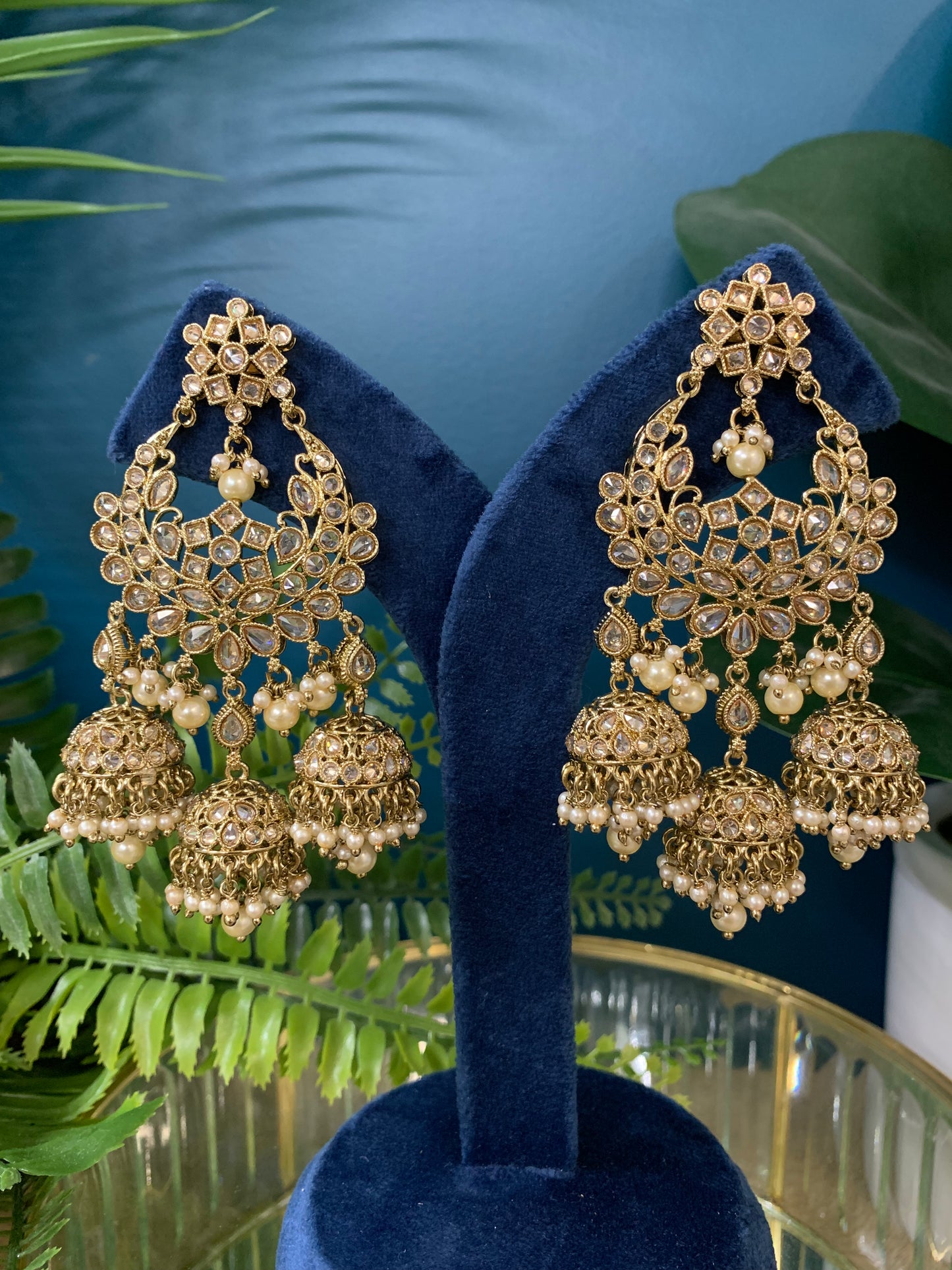 Naina polki triple jhumki earring in antique gold/pearl