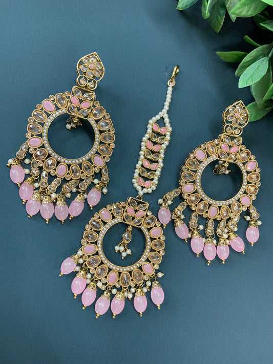 Poppy tikka set polki earring tikka pink
