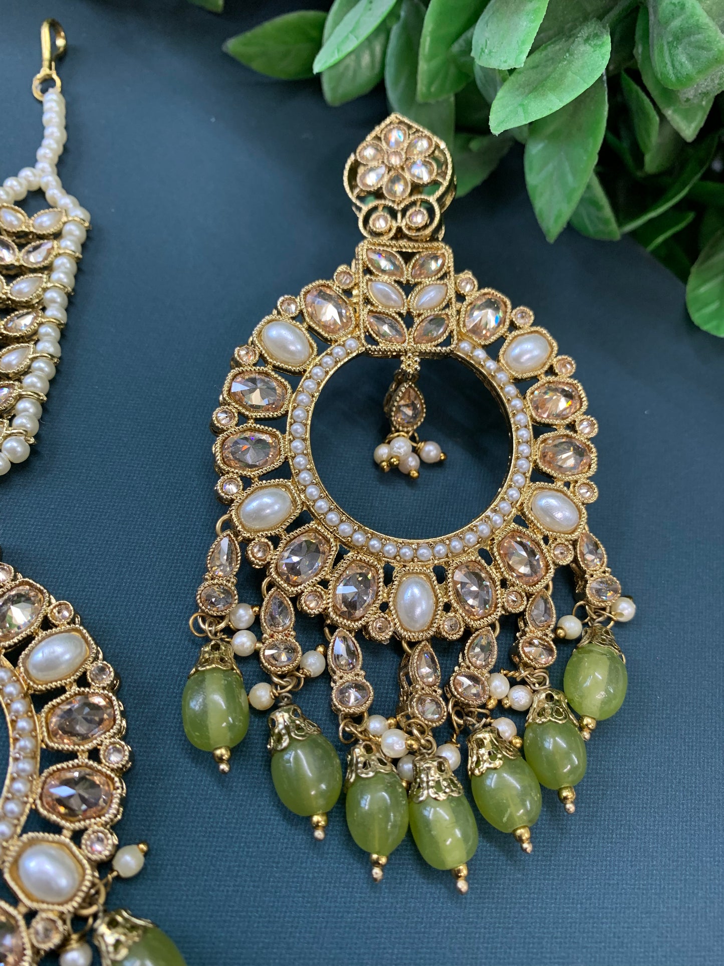 Poppy tikka set polki earring olive/ mahendi