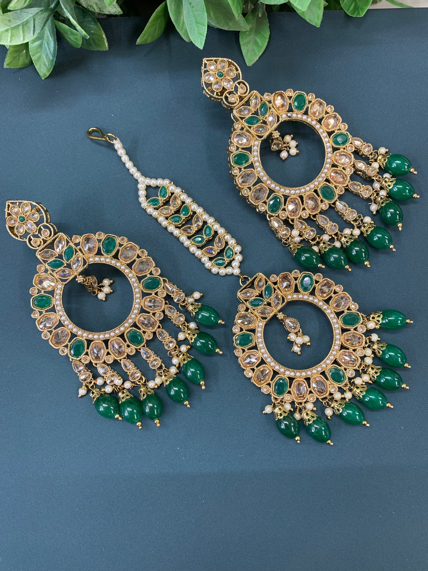 Poppy tikka set polki earring emerald green