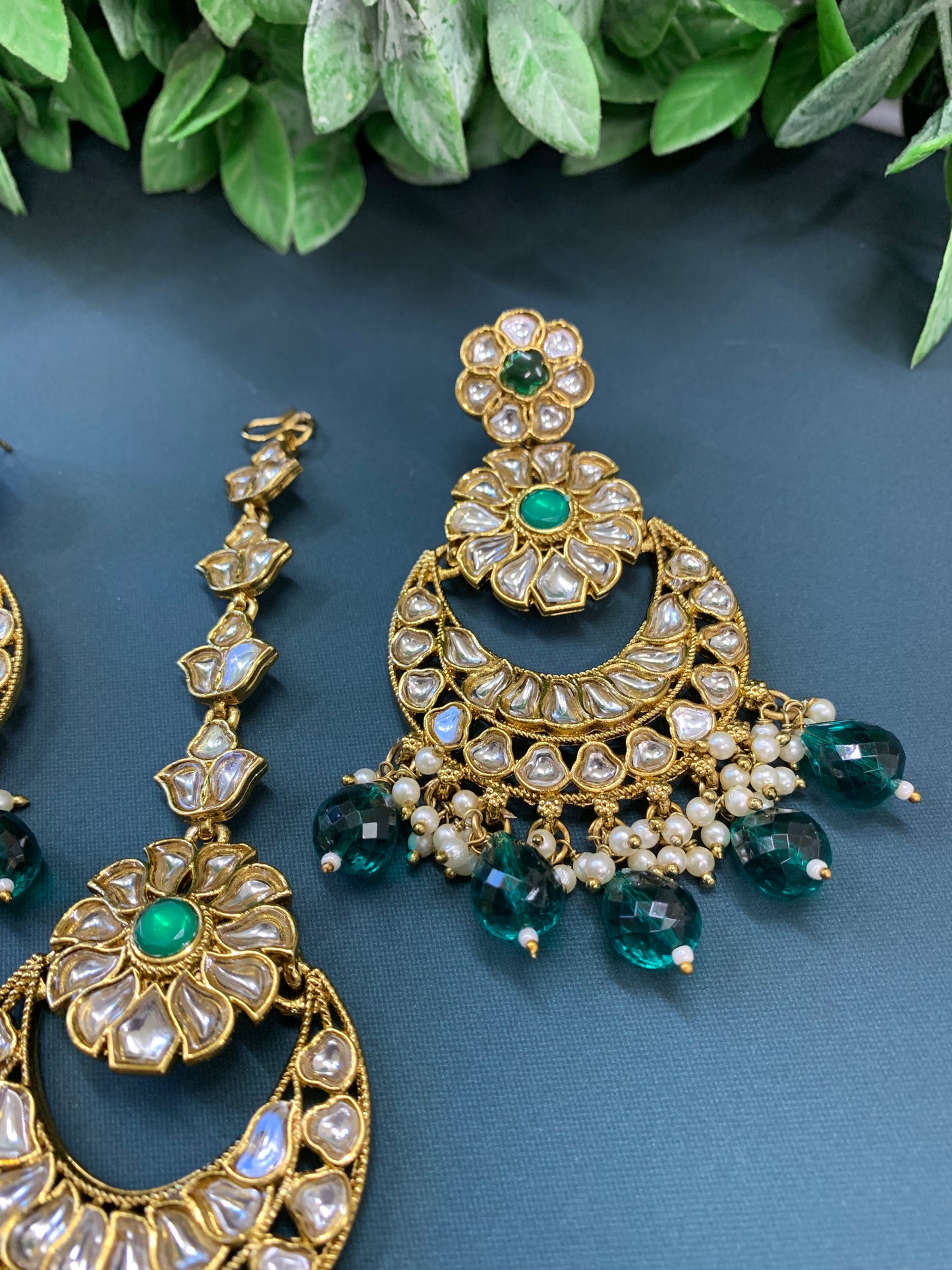 Manjot kundan earring tikka set emerald green