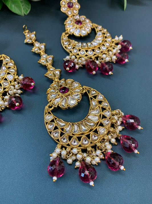 Manjot kundan earring tikka set purple