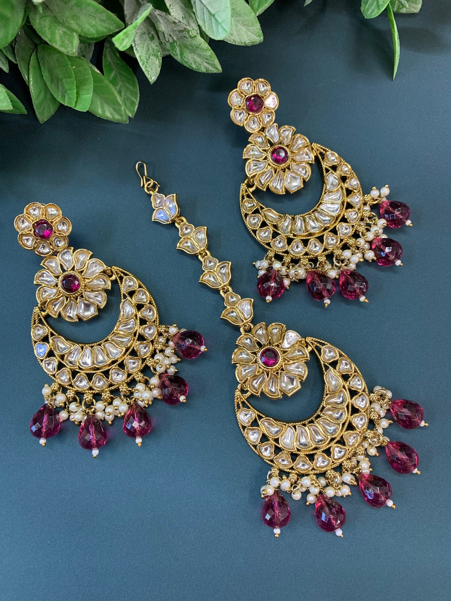 Manjot kundan earring tikka set purple