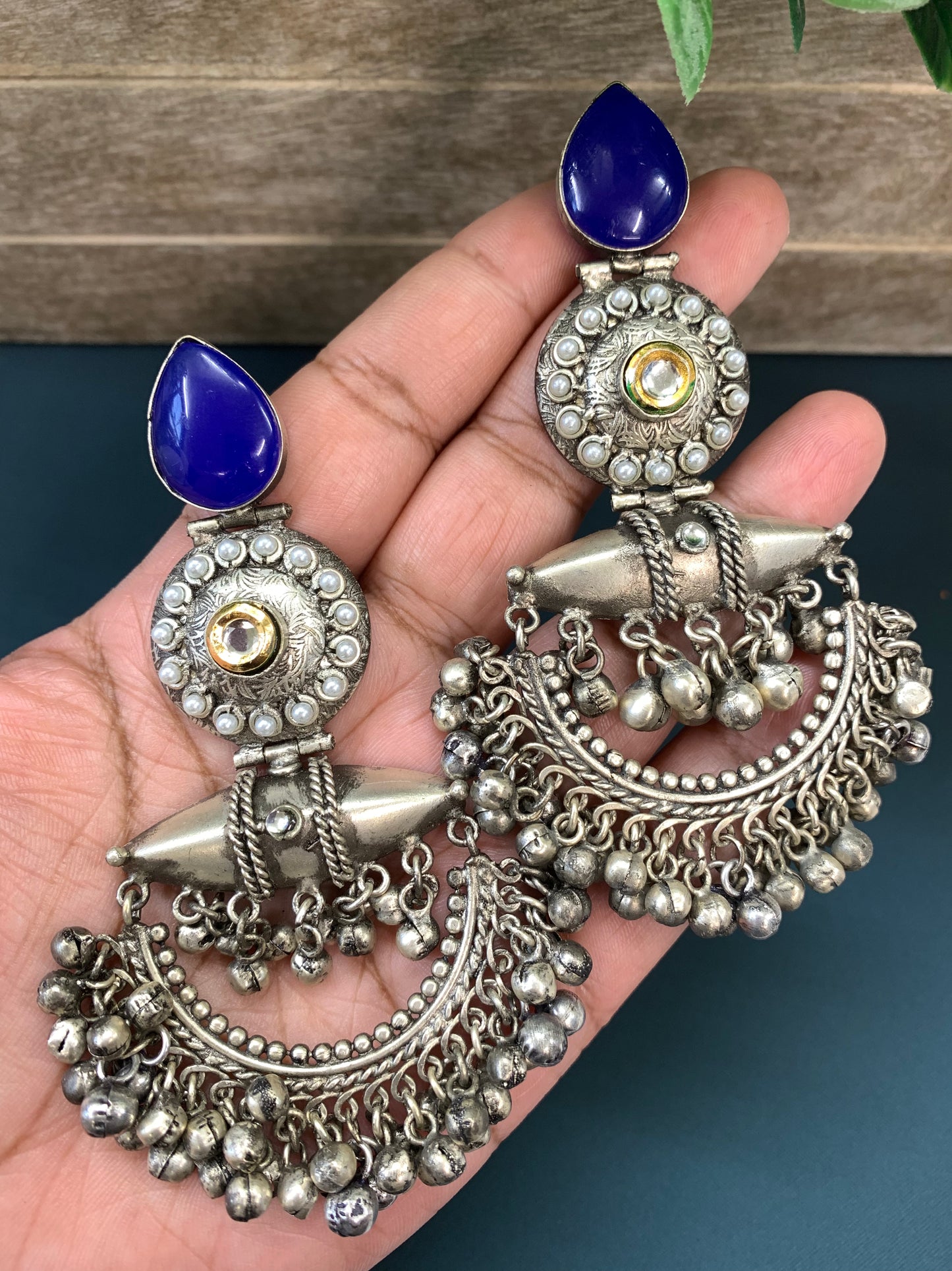 Lindsey black metal oxi earring with monalisa stone work pastel light blue