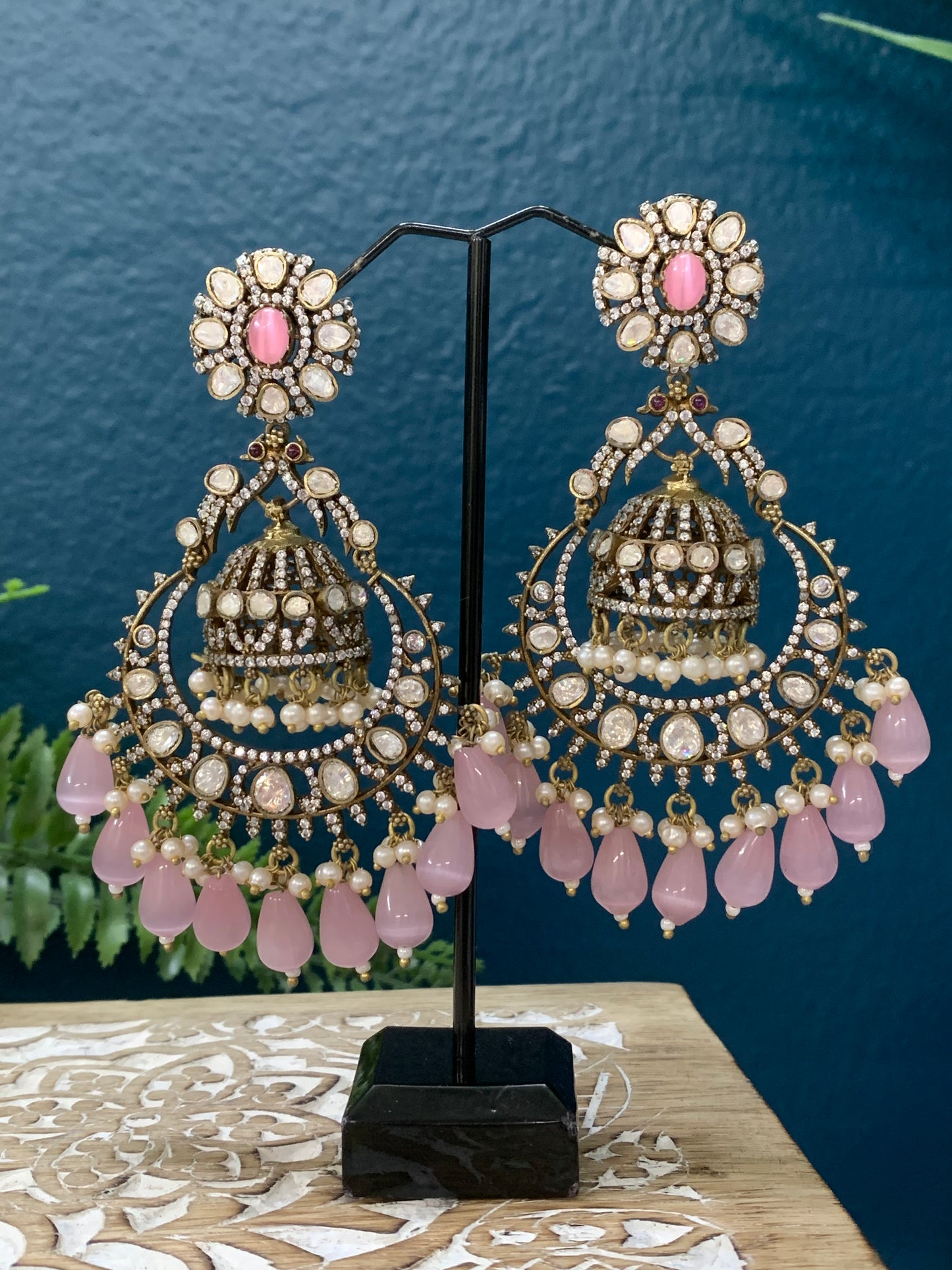 Amayira Mossanite kundan statement jhumki earring with pota stone work