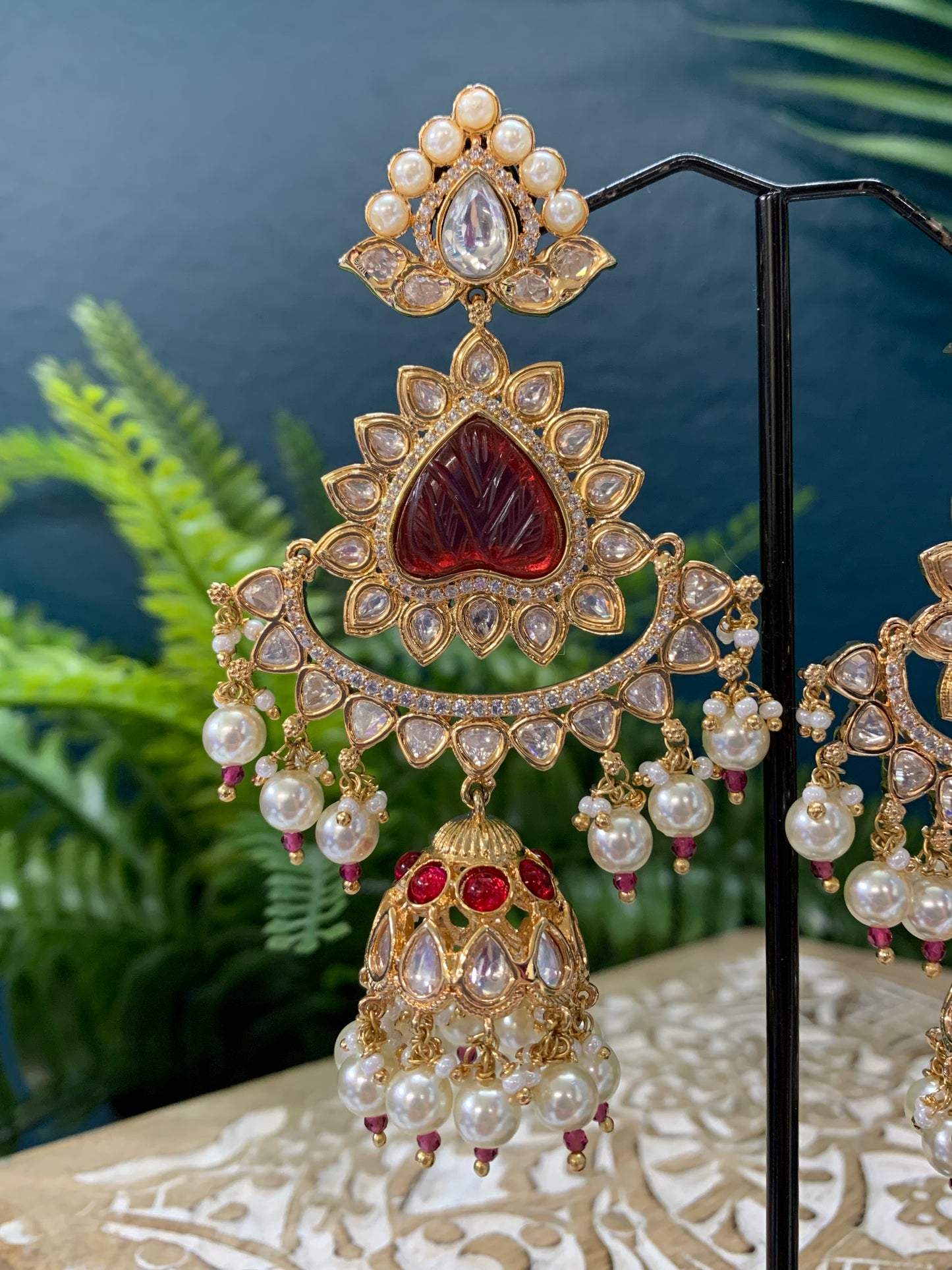 Crystal Kundan chandbali earring in cherry red