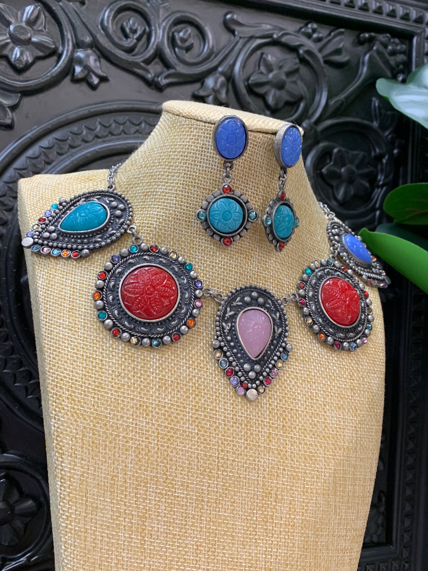 Black metal / German silver / amrapali stone necklace choker