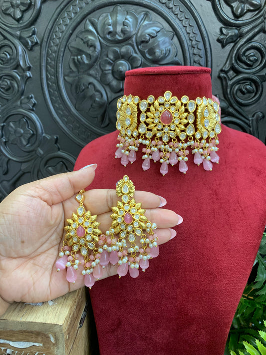 Jeremiah Tyanni kundan choker in 22k gold plates base light pink