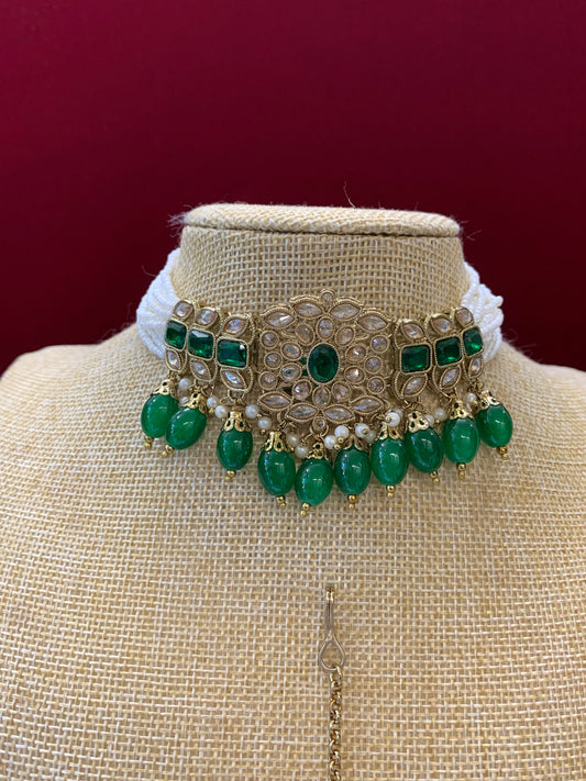 Reverse polki choker set with matching Tikka and chandbali earring