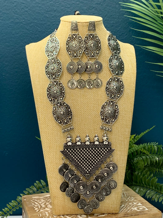 Black metal oxi german silver mala with earring