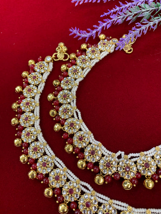 Kundan payal anklet set with maroon beads and bells