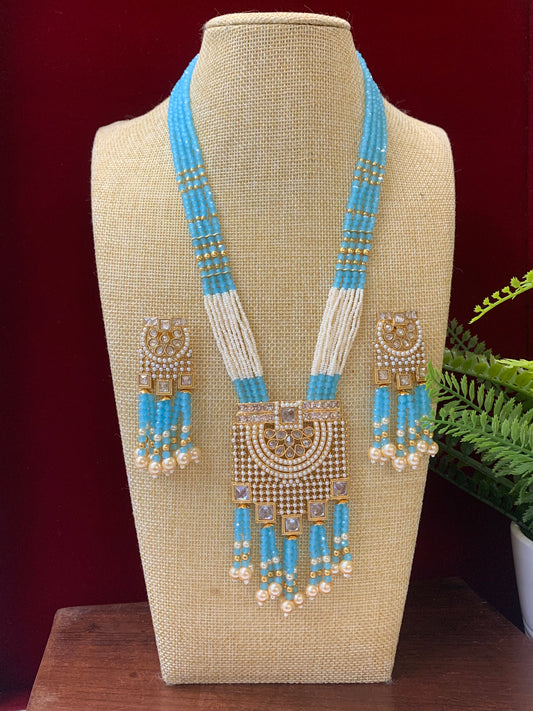 Anika polki long mala set gold polki and baby blue