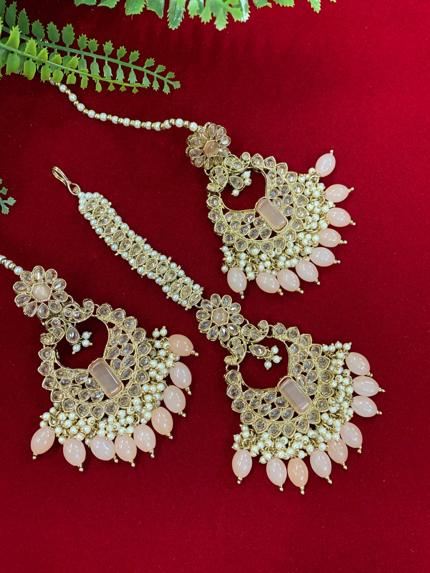 Polki chandbali style earring with matching Tikka Linda