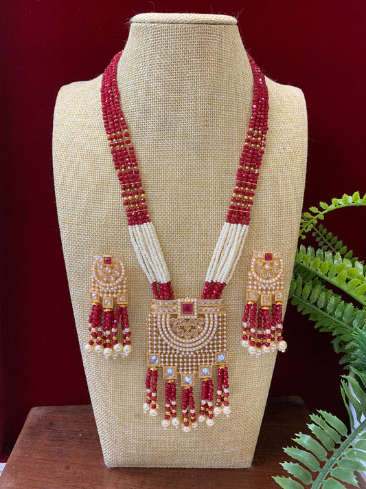 Anika polki long mala set gold polki and maroon red