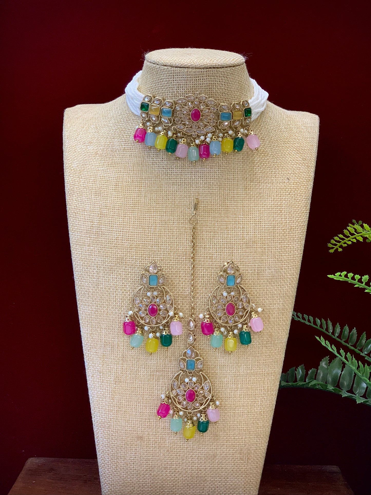 Reverse polki choker set with matching Tikka and chandbali earring