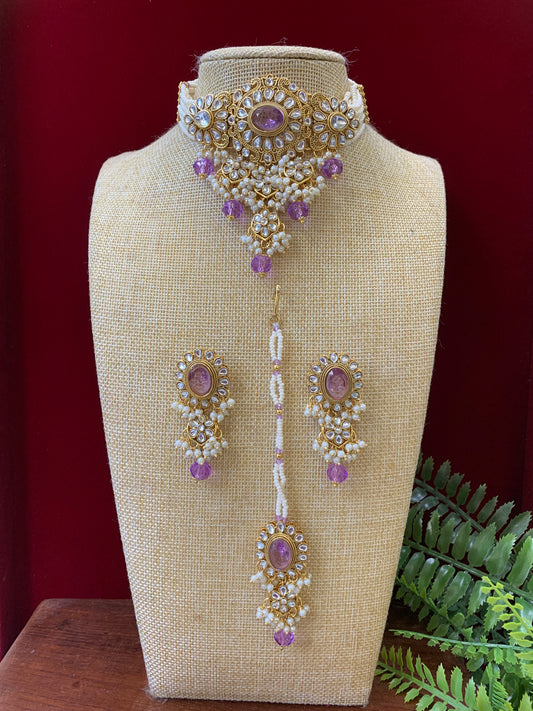 Liyana kundan choker necklace with matching jhumka Tikka