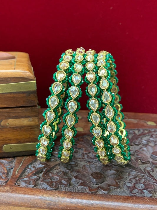 Reverse polki bangle Sonia in antique gold emerald green pearl details