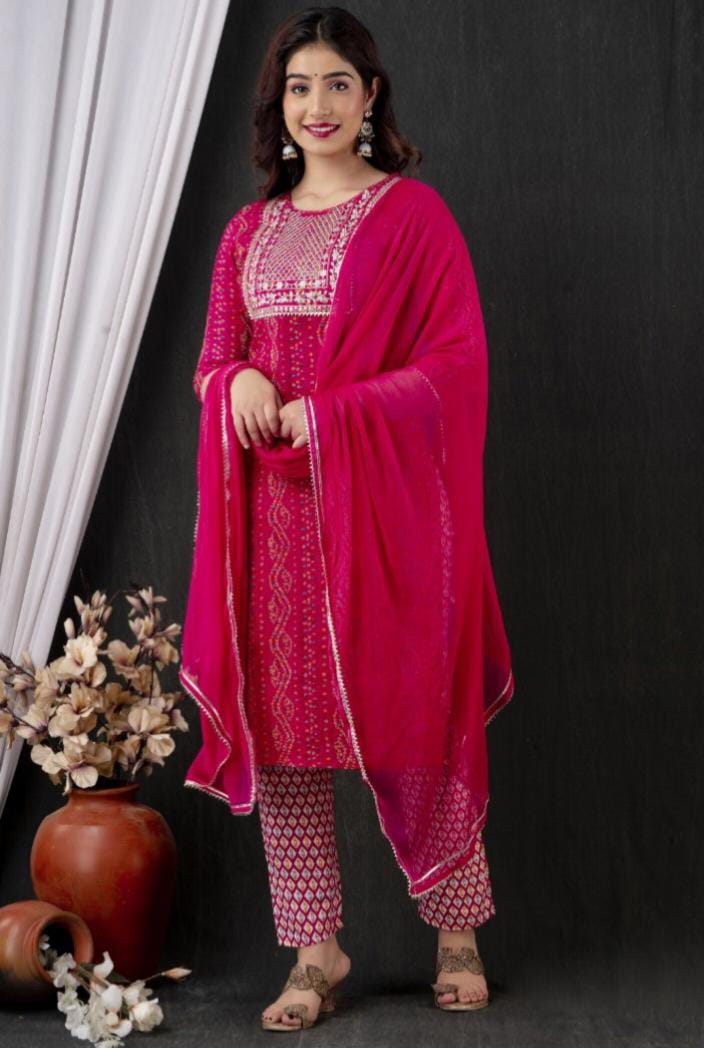 Kurti pant with Dupatta 3 piece set magenta pink