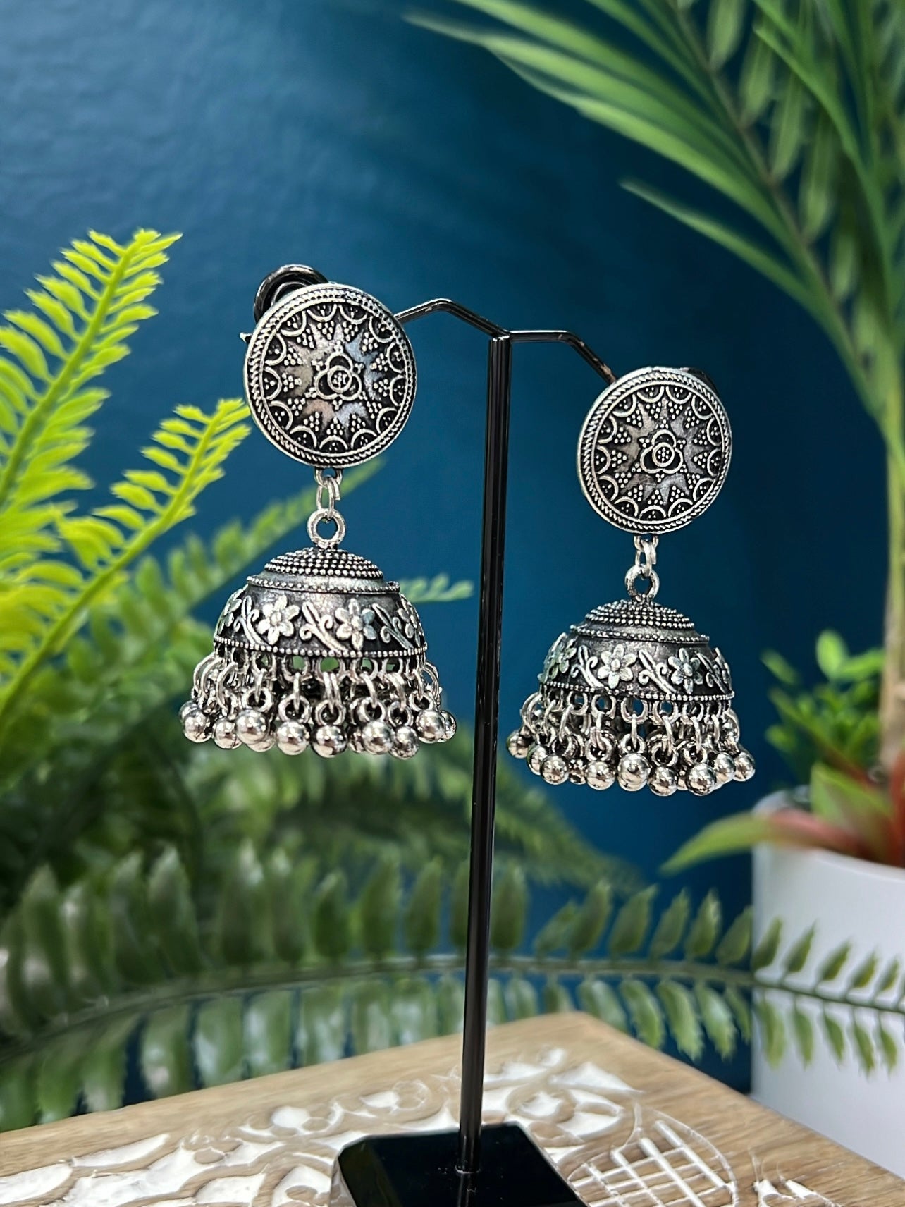 Black metal oxi German silver jhumki earring
