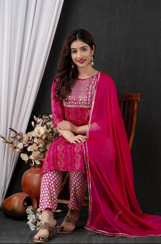 Kurti pant with Dupatta 3 piece set magenta pink