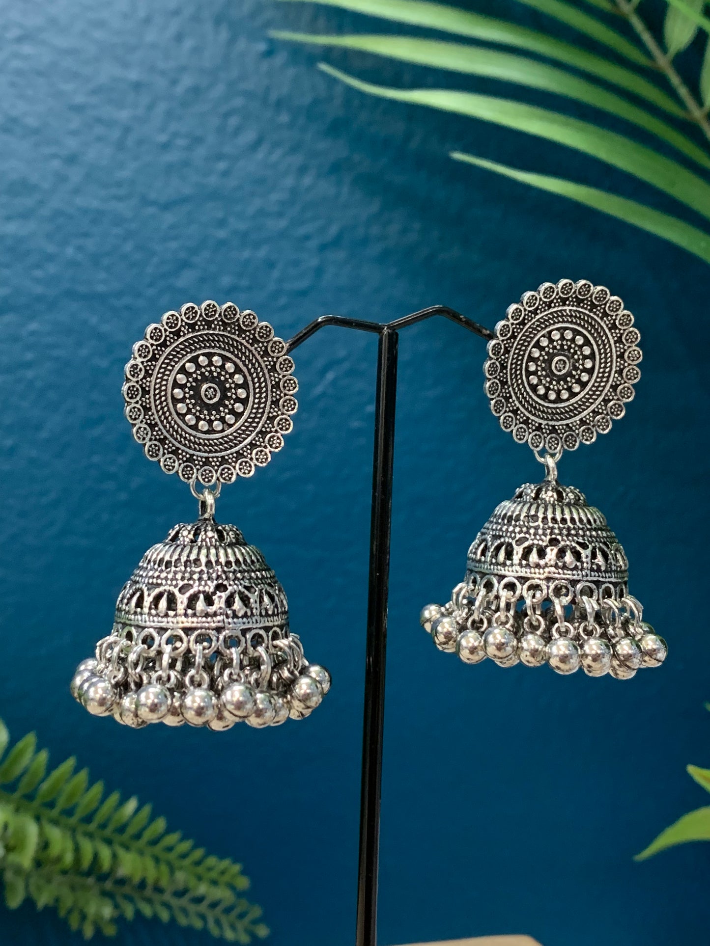 Black metal oxi German silver jhumki earring