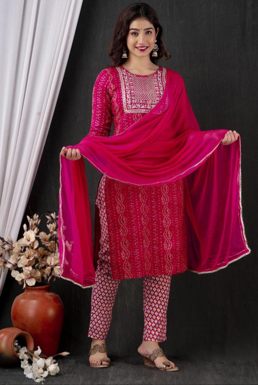 Kurti pant with Dupatta 3 piece set magenta pink