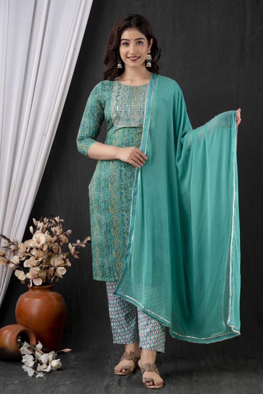 Kurti pant with Dupatta 3 piece set teal green