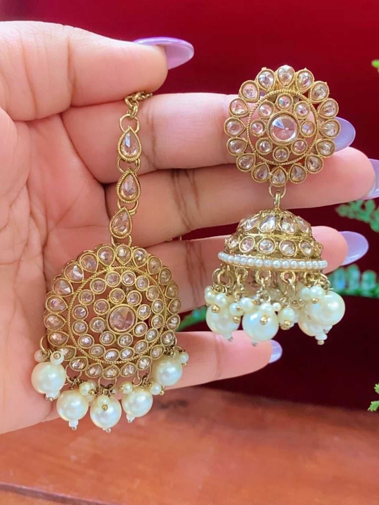 Antique polki gold jhumki tikka gold /pearl