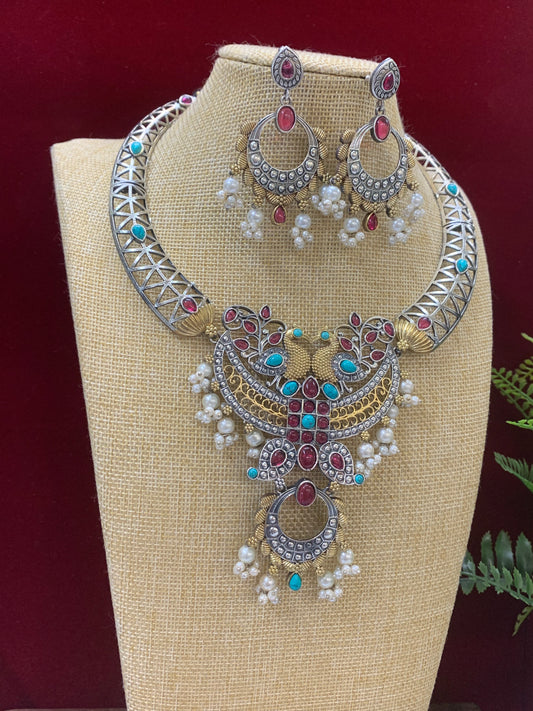 Hasli style dual tone German silver necklace set with matching earring