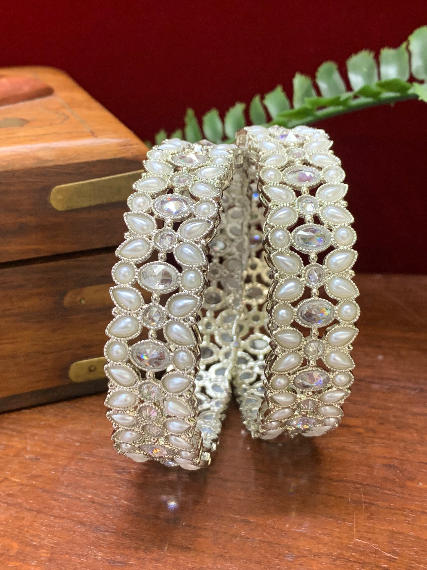 Kalinda reverse polki bangle with pearl in silver