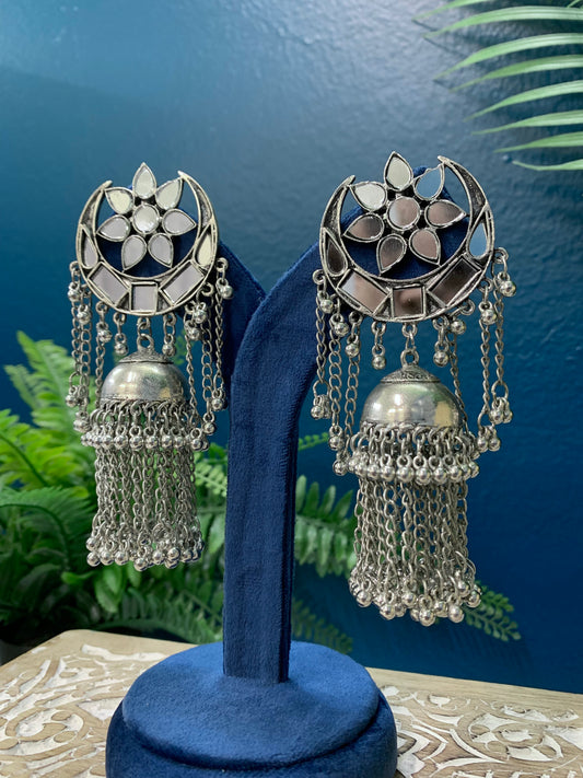 Black metal oxi German silver jhumki earring with mirror details