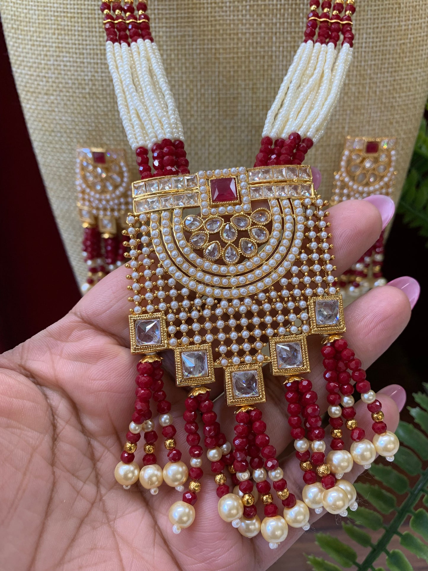 Anika polki long mala set gold polki and maroon red