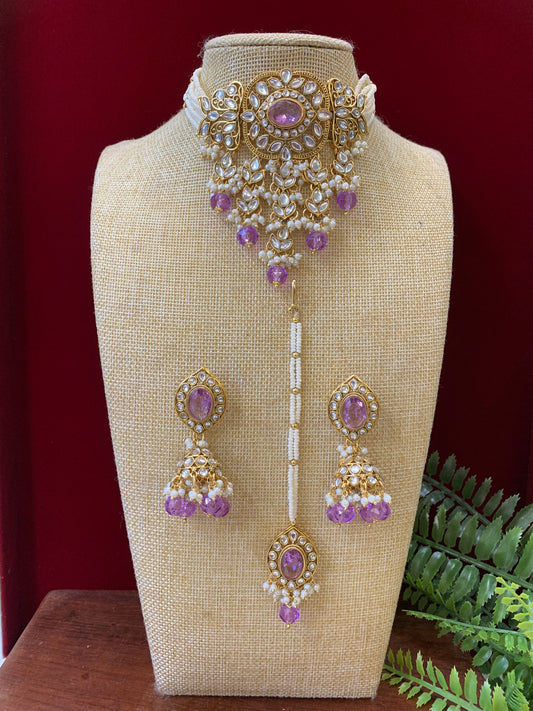 Liyana kundan choker necklace with matching jhumka Tikka