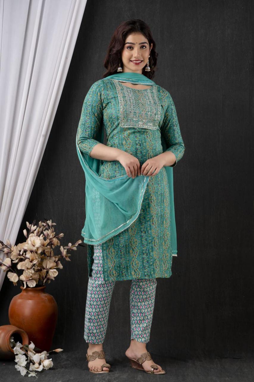Kurti pant with Dupatta 3 piece set teal green