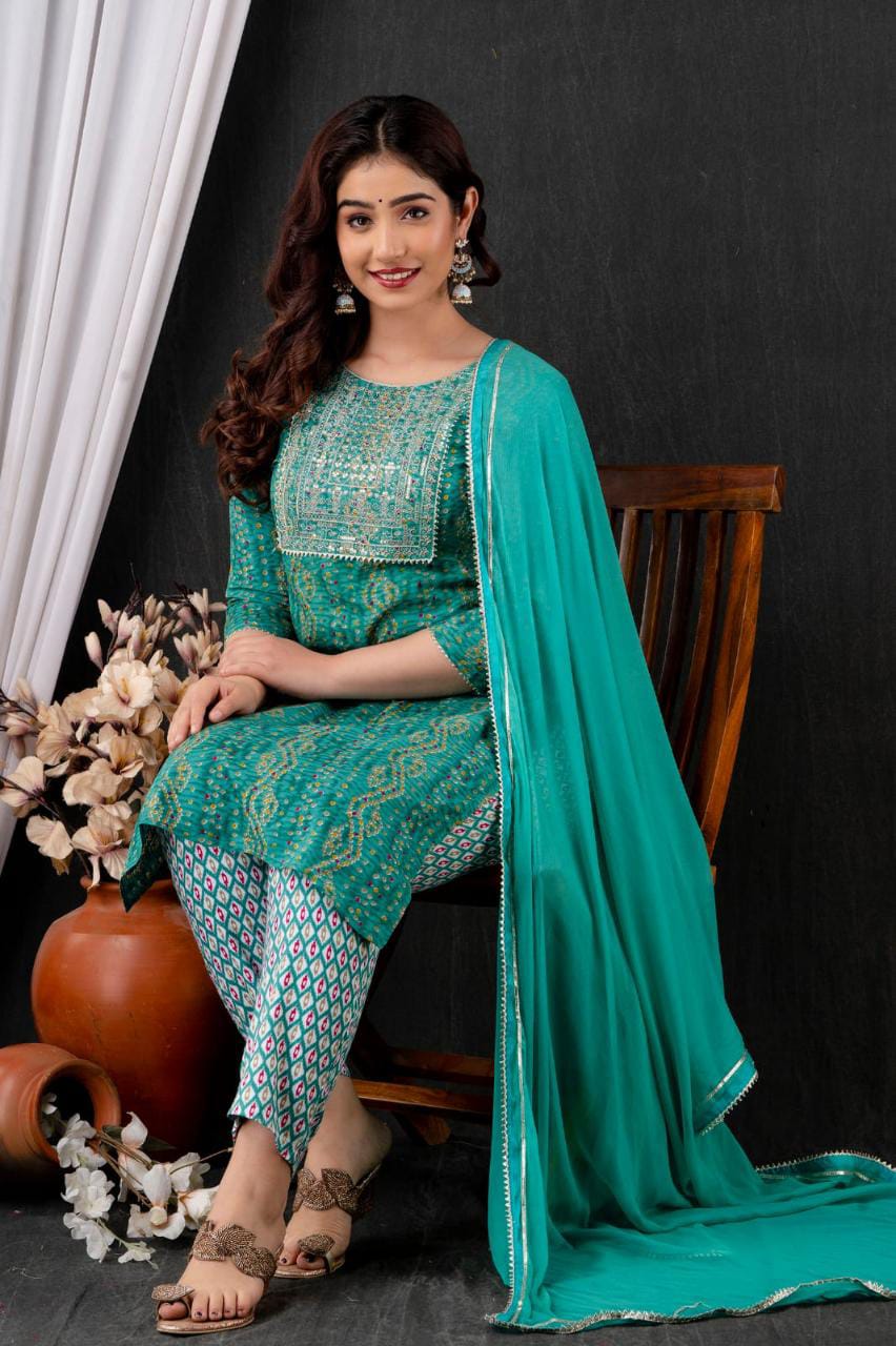 Kurti pant with Dupatta 3 piece set teal green