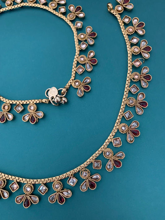 Antique polki anklet /payal with maroon detail