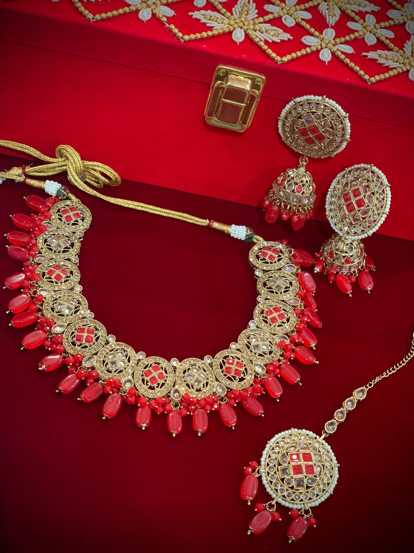 Reverse polki necklace set Laura tomato red